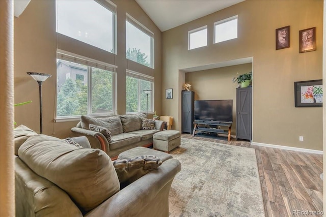 10191 Sagecrest St, Highlands Ranch, CO 80126 - living room featuring wood finished floors, high vaulted ceiling, and baseboards