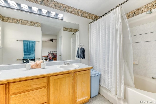 10191 Sagecrest St, Highlands Ranch, CO 80126 - full bathroom featuring shower / bathtub combination with curtain, vanity, and a ceiling fan