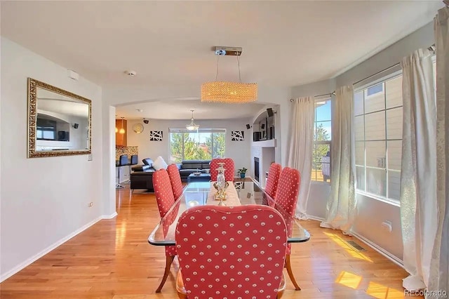 16893 Trail View Cir, Parker, CO 80134 - dining room with light wood-type flooring, baseboards, and a fireplace