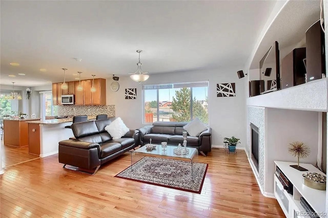 16893 Trail View Cir, Parker, CO 80134 - living room with light wood-style floors, a fireplace, and baseboards