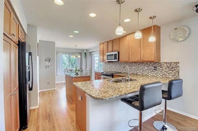 16893 Trail View Cir, Parker, CO 80134 - kitchen with stainless steel appliances, a sink, a peninsula, tasteful backsplash, and light wood-style flooring