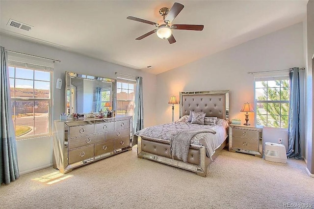 16893 Trail View Cir, Parker, CO 80134 - bedroom featuring vaulted ceiling, multiple windows, carpet, and ceiling fan