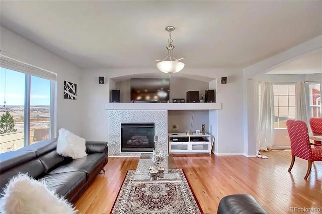 16893 Trail View Cir, Parker, CO 80134 - living area featuring wood-type flooring, a tile fireplace, and baseboards