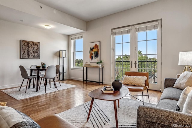 living room with french doors, baseboards, and wood finished floors