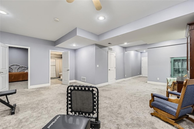3944 Trail Stone Cir, Castle Rock, CO 80108 - exercise room with light colored carpet, recessed lighting, and a ceiling fan
