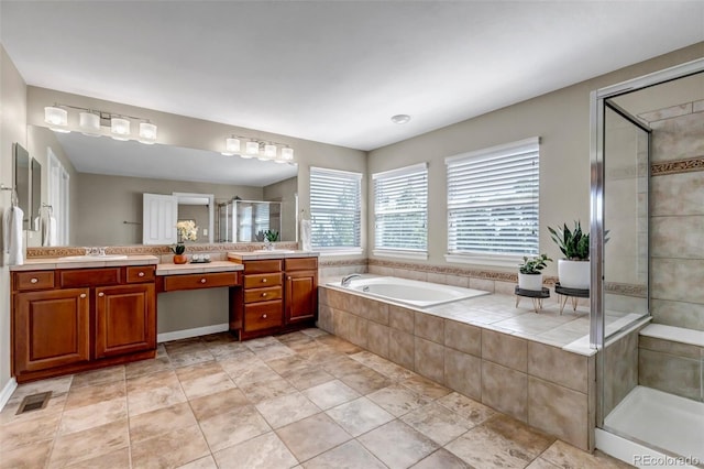 10646 Amesbury Way, Highlands Ranch, CO 80126 - bathroom featuring double vanity, a bath, and a stall shower