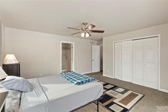 carpeted bedroom with ceiling fan and a closet