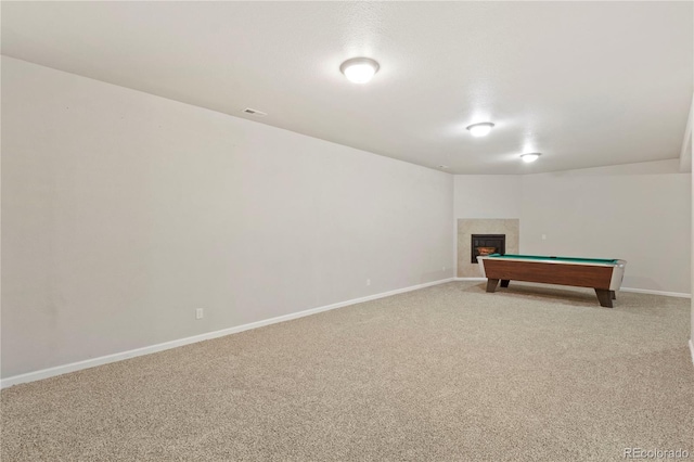 playroom with light carpet and billiards