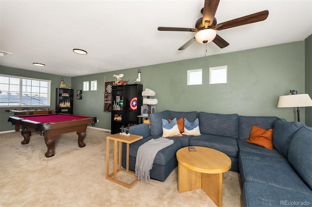 playroom with ceiling fan, carpet floors, and billiards