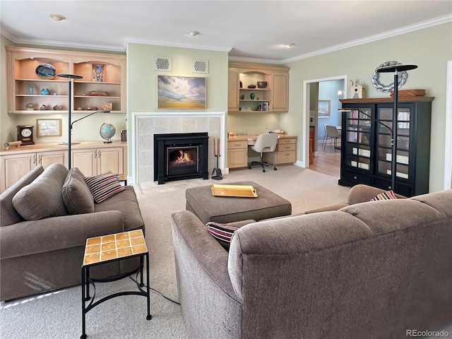 living room with crown molding, a fireplace, and light carpet