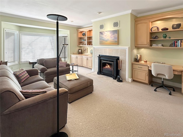 living area featuring visible vents, light colored carpet, a tile fireplace, and crown molding