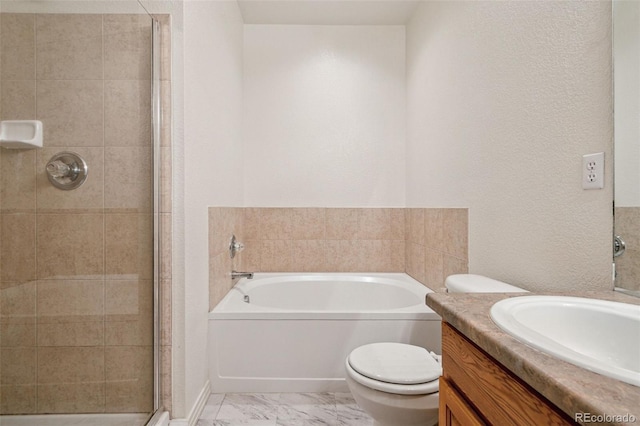 full bath featuring marble finish floor, a garden tub, toilet, vanity, and tiled shower