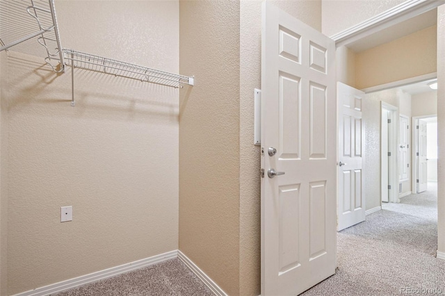 interior space with carpet floors, a textured wall, and baseboards