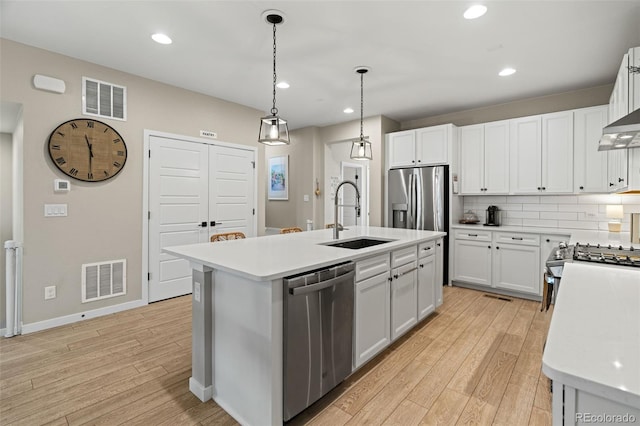 kitchen featuring a center island with sink, white cabinets, sink, and appliances with stainless steel finishes