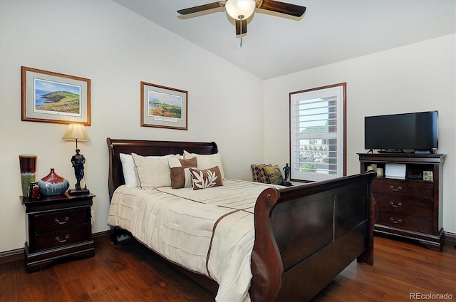 bedroom featuring lofted ceiling, ceiling fan, and dark hardwood / wood-style floors