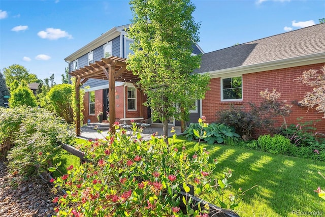 3330 E Tennessee Ave, Denver, CO 80209 - rear view of house featuring a pergola, a patio, brick siding, a yard, and roof with shingles