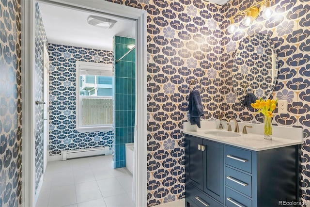 3330 E Tennessee Ave, Denver, CO 80209 - full bathroom featuring baseboard heating, tile patterned flooring, vanity, and wallpapered walls
