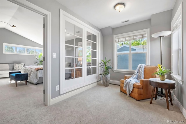 3330 E Tennessee Ave, Denver, CO 80209 - sitting room featuring carpet floors, plenty of natural light, baseboards, vaulted ceiling, and a baseboard radiator