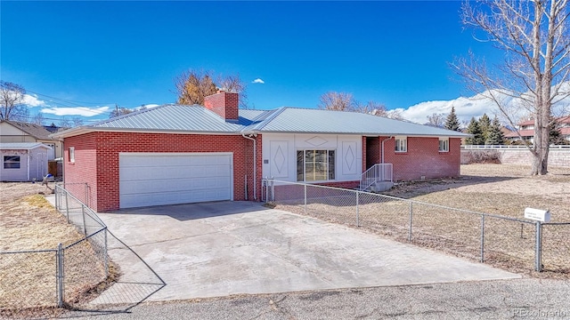 ranch-style home with brick siding, fence, a chimney, metal roof, and driveway