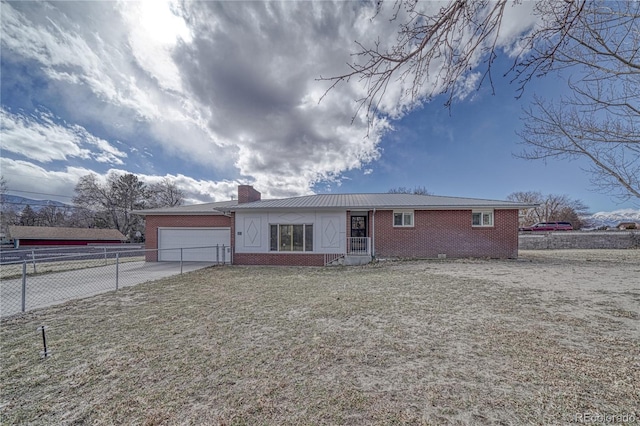 single story home with fence, driveway, a chimney, a garage, and brick siding