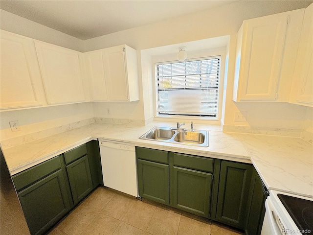 kitchen with white cabinetry, sink, light tile patterned flooring, and white appliances