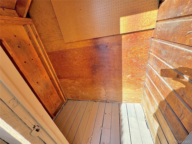 details featuring wood-type flooring and wooden walls