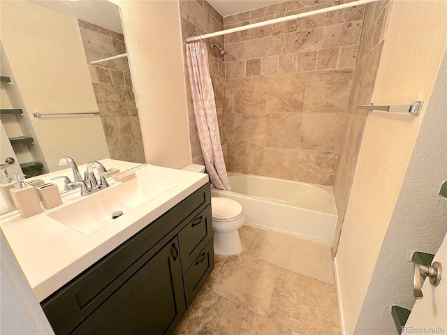 full bathroom featuring vanity, toilet, and shower / bathtub combination with curtain