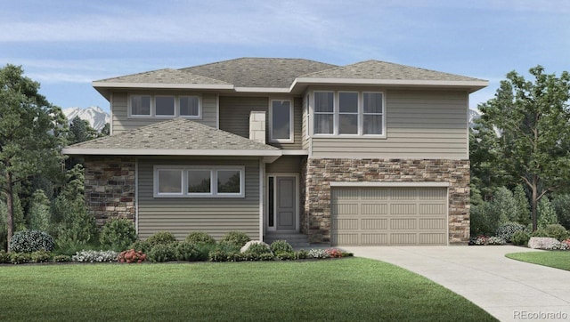 prairie-style home featuring a garage and a front yard