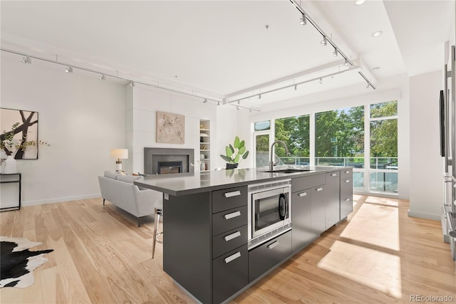 kitchen with modern cabinets, light wood-style flooring, a sink, stainless steel microwave, and a glass covered fireplace