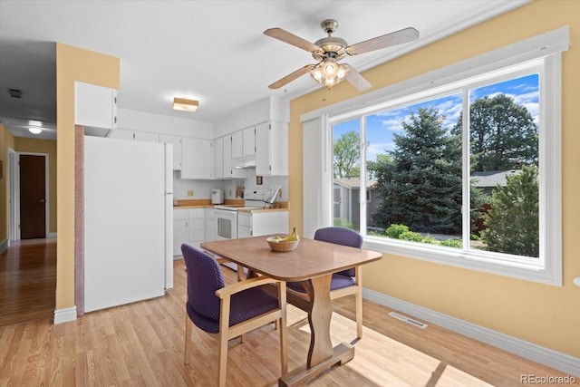 dining room with baseboards, light wood-style flooring, and ceiling fan