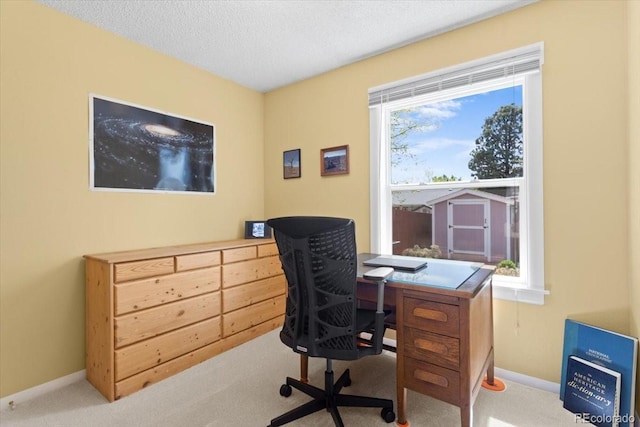 office with carpet, baseboards, and a textured ceiling