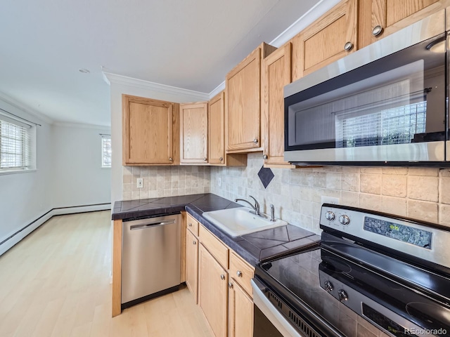 kitchen with light brown cabinetry, decorative backsplash, ornamental molding, a sink, and appliances with stainless steel finishes