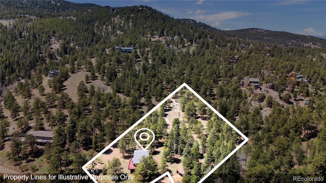 32187 Sylvan Rd, Golden, CO 80403 - aerial overview of property's location featuring a heavily wooded area, a mountain backdrop, and property parcel outlined