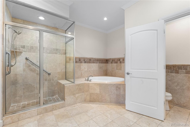 bathroom featuring toilet, crown molding, plus walk in shower, and tile patterned floors