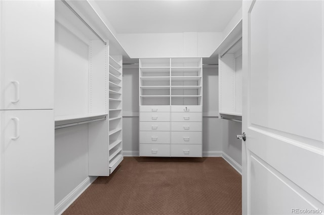 walk in closet featuring dark carpet