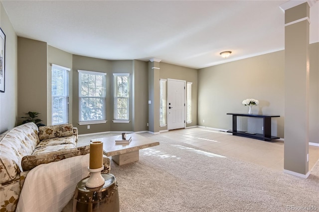 living room featuring light carpet