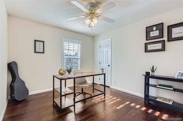 office space with ceiling fan and dark hardwood / wood-style flooring