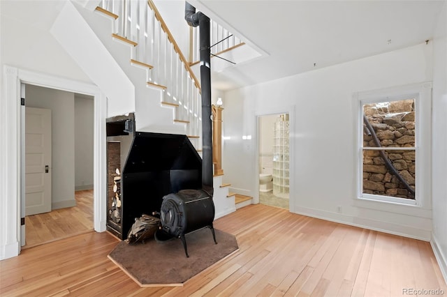 living room featuring a wood stove and light wood-type flooring