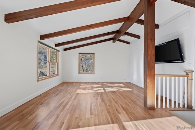 unfurnished living room featuring lofted ceiling with beams and light hardwood / wood-style floors