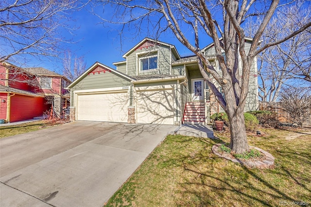 view of front of property featuring concrete driveway, a garage, and a front lawn