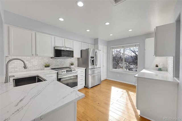 kitchen with a sink, light stone counters, white cabinetry, appliances with stainless steel finishes, and decorative backsplash