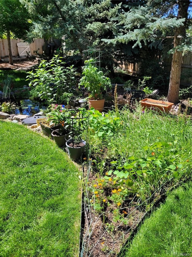 view of yard featuring a vegetable garden and fence