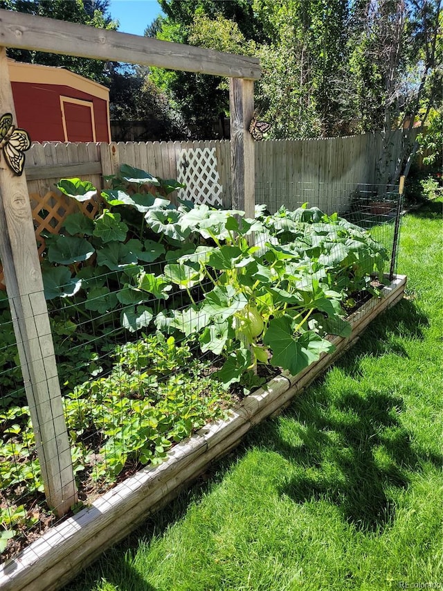 view of yard with a vegetable garden and fence