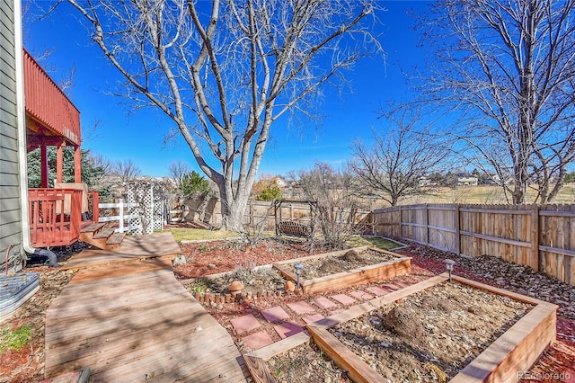 view of yard featuring a vegetable garden and a fenced backyard