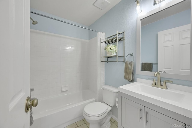 bathroom with vanity, visible vents, tile patterned flooring, toilet, and shower / bathtub combination