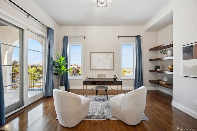 office space with dark hardwood / wood-style floors and a healthy amount of sunlight