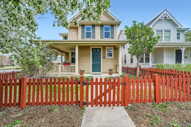 2538 Central Park Blvd, Denver, CO 80238 - view of front of property with a porch, a fenced front yard, and a gate