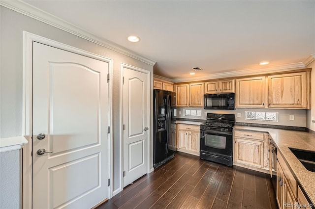 2538 Central Park Blvd, Denver, CO 80238 - kitchen featuring black appliances, light brown cabinets, ornamental molding, dark wood finished floors, and recessed lighting