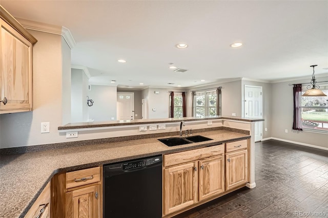 2538 Central Park Blvd, Denver, CO 80238 - kitchen with black dishwasher, ornamental molding, light brown cabinets, recessed lighting, and dark wood finished floors