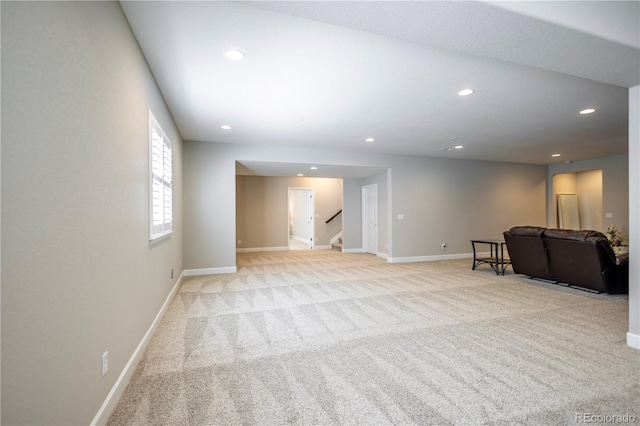 26722 E Peakview Pl, Aurora, CO 80016 - unfurnished living room with recessed lighting, light carpet, and stairs
